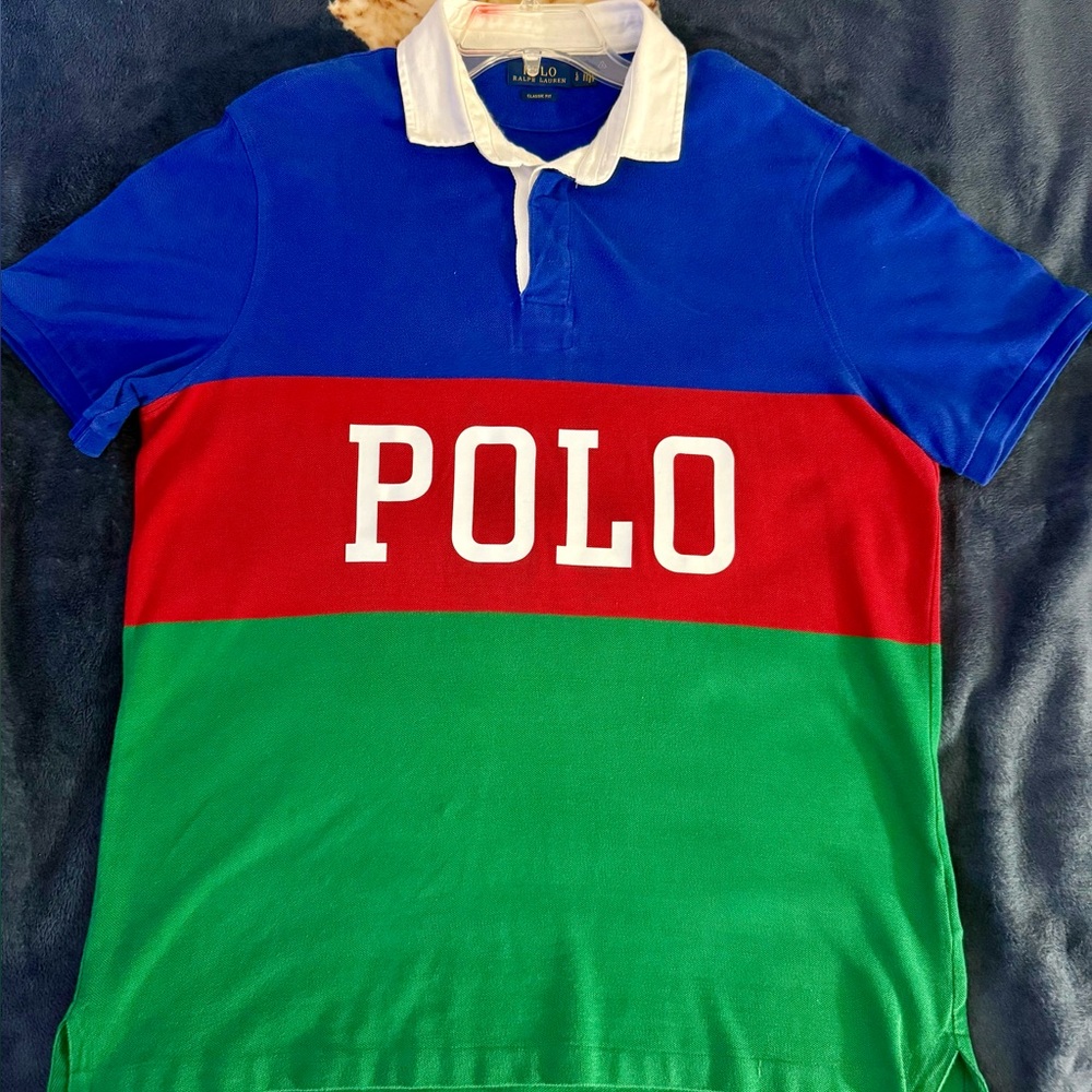 Ralph Lauren Rugby Polo Colorblock Blue, Red, and Green Shirt Classic Fit Large